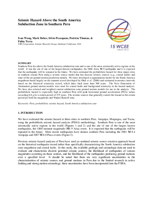 (PDF) Seismic hazard above the South America subduction zone in ...