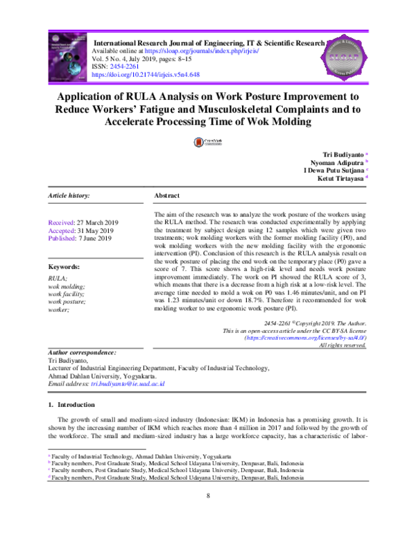 (PDF) Application of RULA analysis on work posture improvement to ...