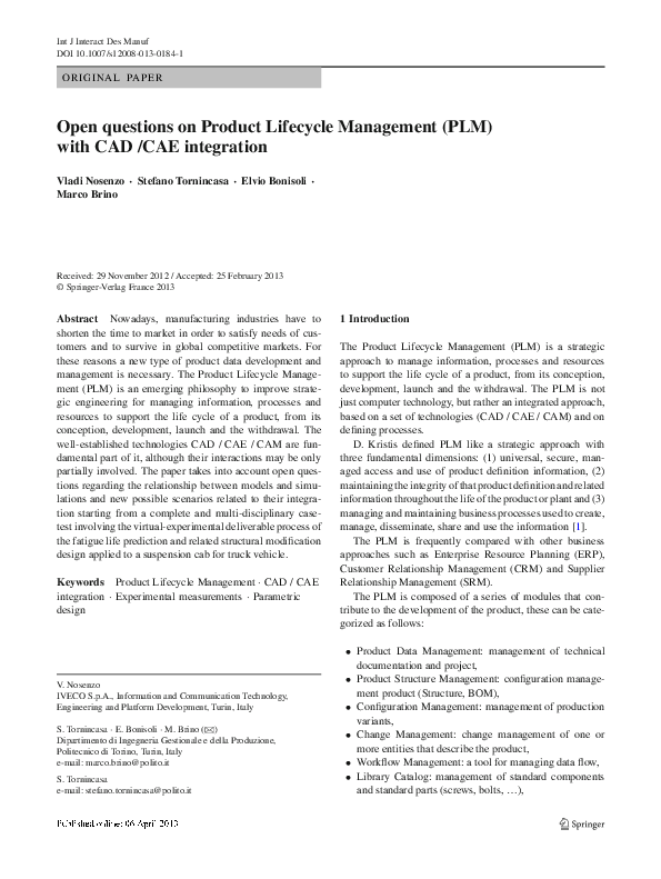 (PDF) Open questions on Product Lifecycle Management (PLM) with CAD ...