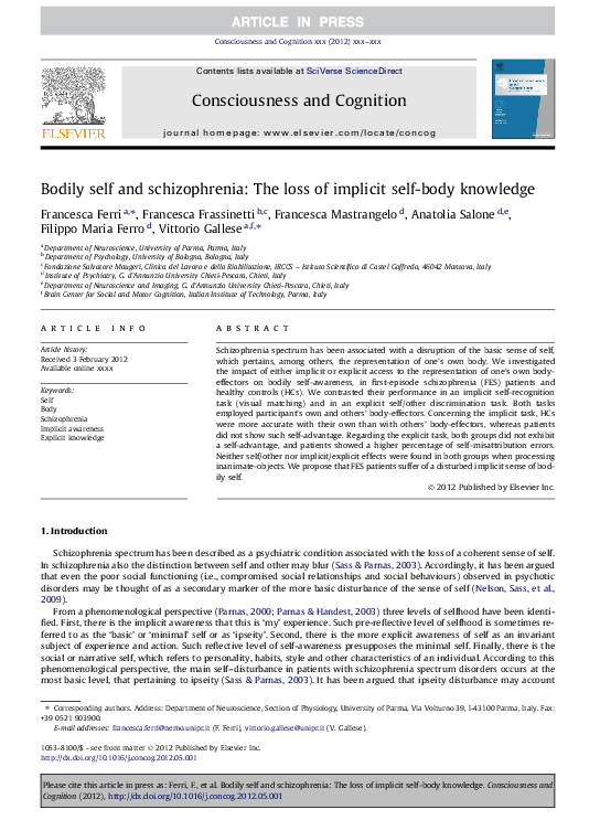 (PDF) Bodily self and schizophrenia: The loss of implicit self-body ...