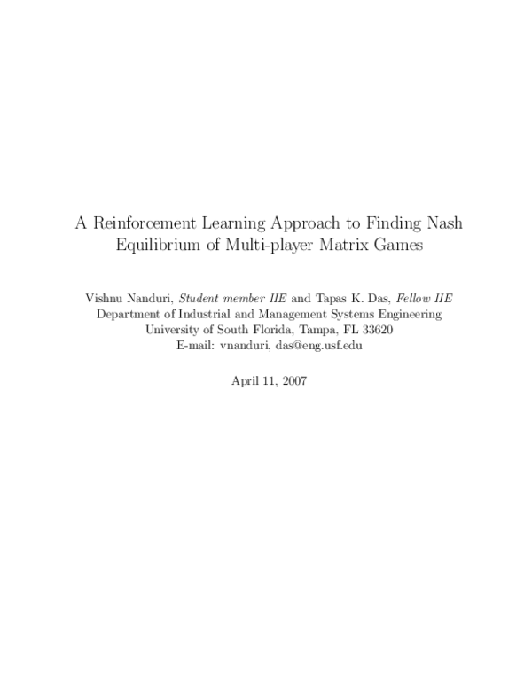 (PDF) A Reinforcement Learning Approach to Finding Nash Equilibrium of ...