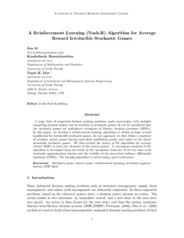 (PDF) Learning in Average Reward Stochastic Games A Reinforcement ...