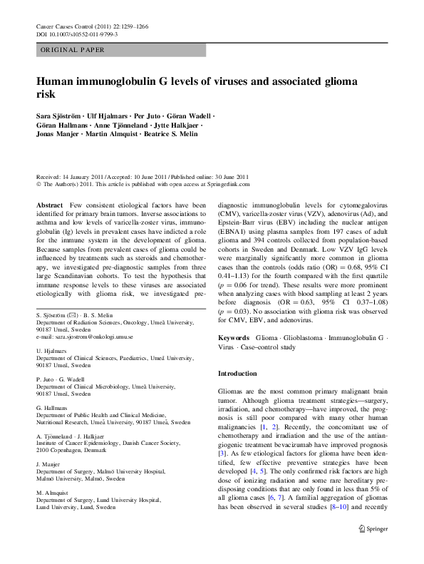 (PDF) Human immunoglobulin G levels of viruses and associated glioma risk
