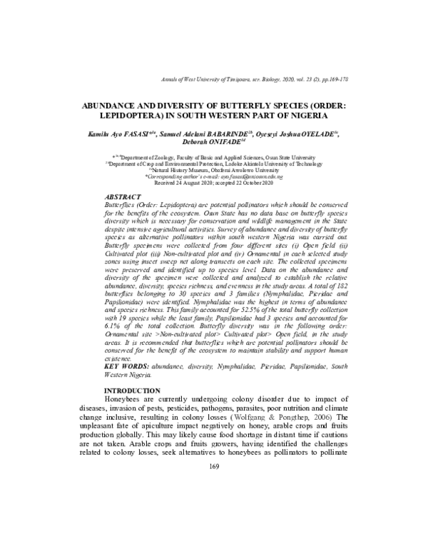 (PDF) Abundance and Diversity of Butterfly Species (Order: Lepidoptera ...