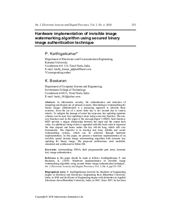 (PDF) Hardware implementation of invisible image watermarking algorithm ...