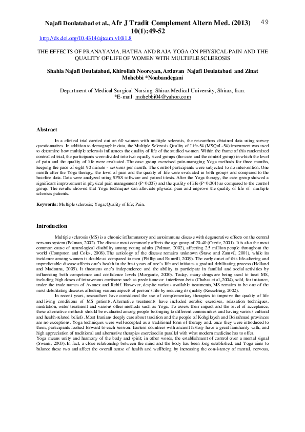 (PDF) The Effects of Pranayama, Hatha and Raja Yoga on Physical Pain ...