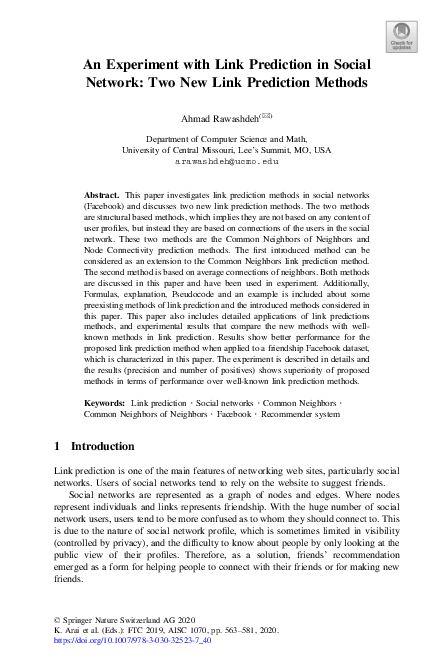 (PDF) An Experiment with Link Prediction in Social Network: Two New ...