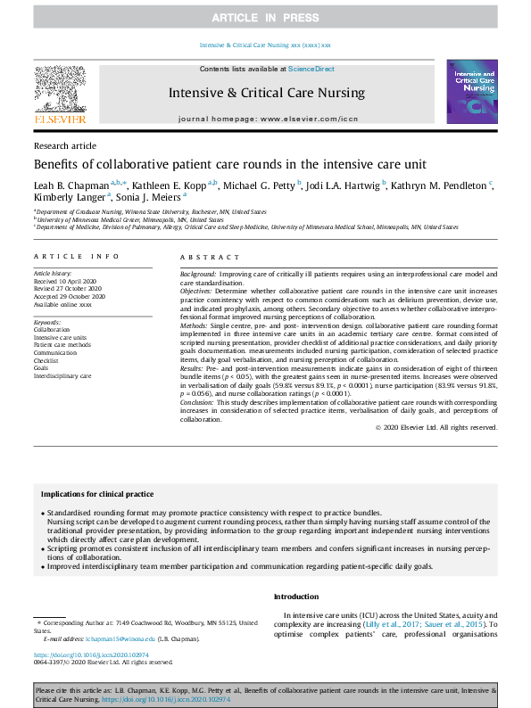 (PDF) Benefits of collaborative patient care rounds in the intensive ...