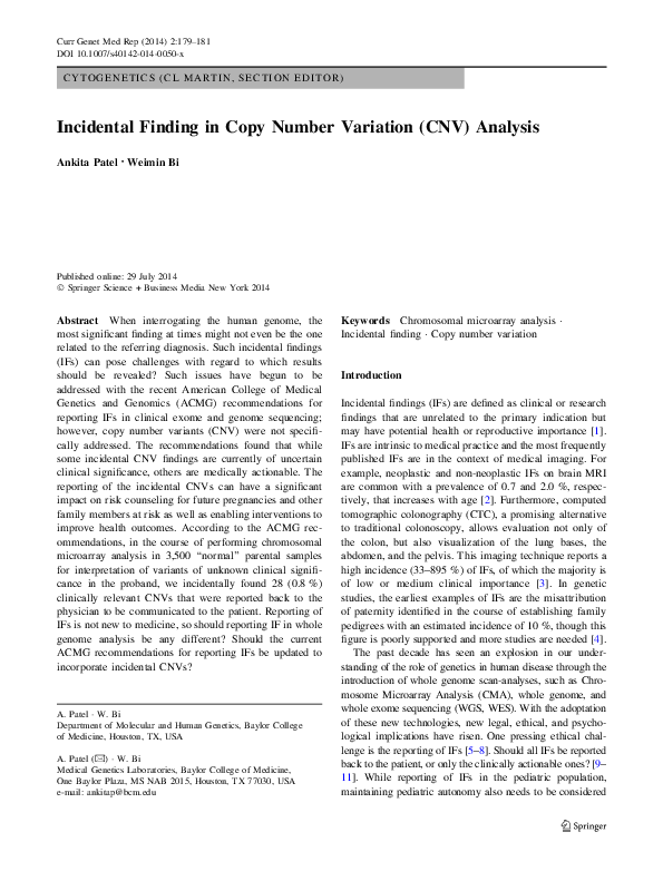 (PDF) Incidental Finding in Copy Number Variation (CNV) Analysis
