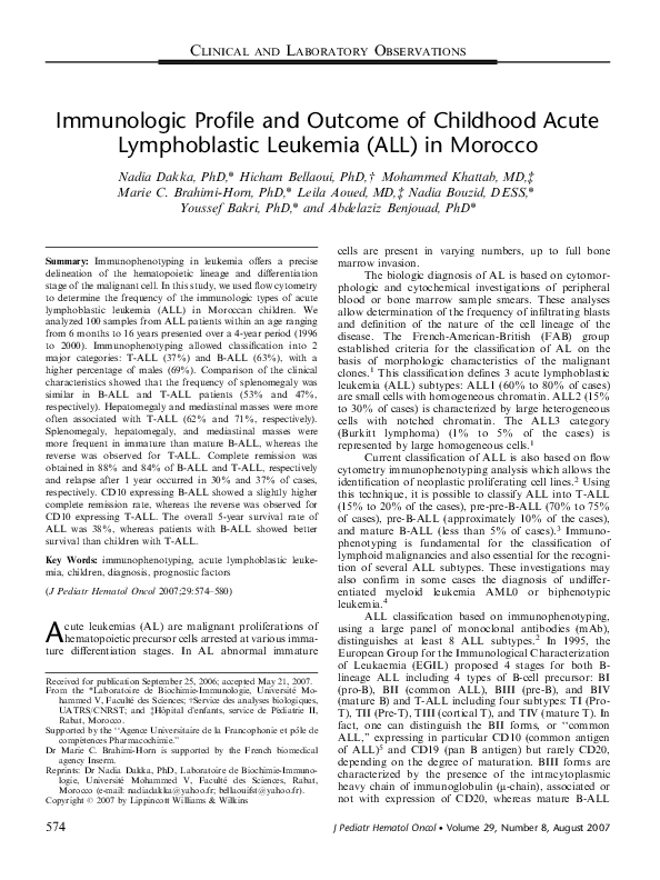 (PDF) Immunologic Profile and Outcome of Childhood Acute Lymphoblastic ...