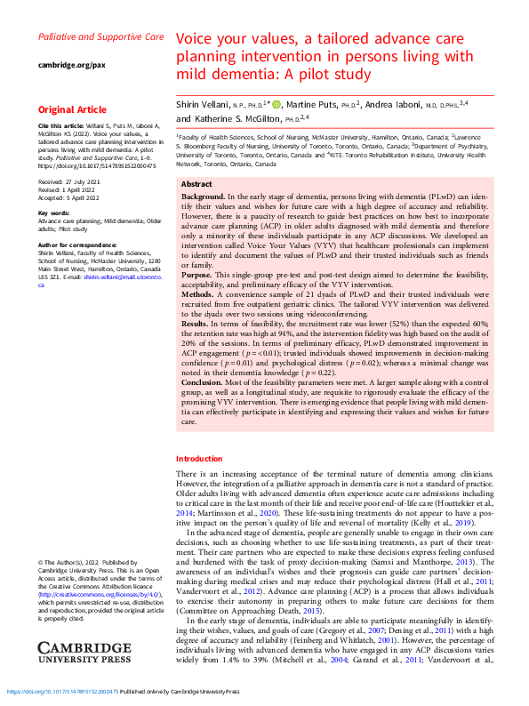 (PDF) Voice your values, a tailored advance care planning intervention ...