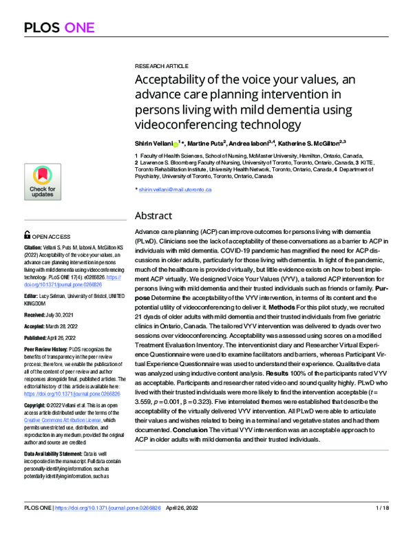 (PDF) Acceptability of the voice your values, an advance care planning ...
