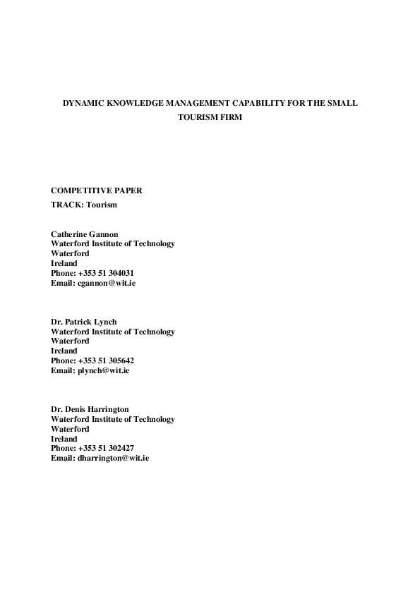 (PDF) Dynamic Knowledge Management Capability for the Small Tourism Firm