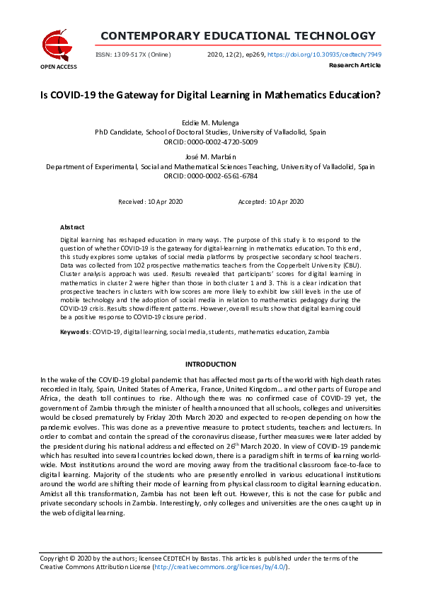 (PDF) Is COVID-19 the Gateway for Digital Learning in Mathematics ...
