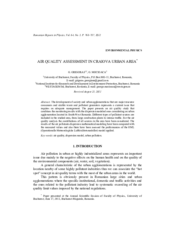 (PDF) Air Quality Assessment in Craiova Urban Area