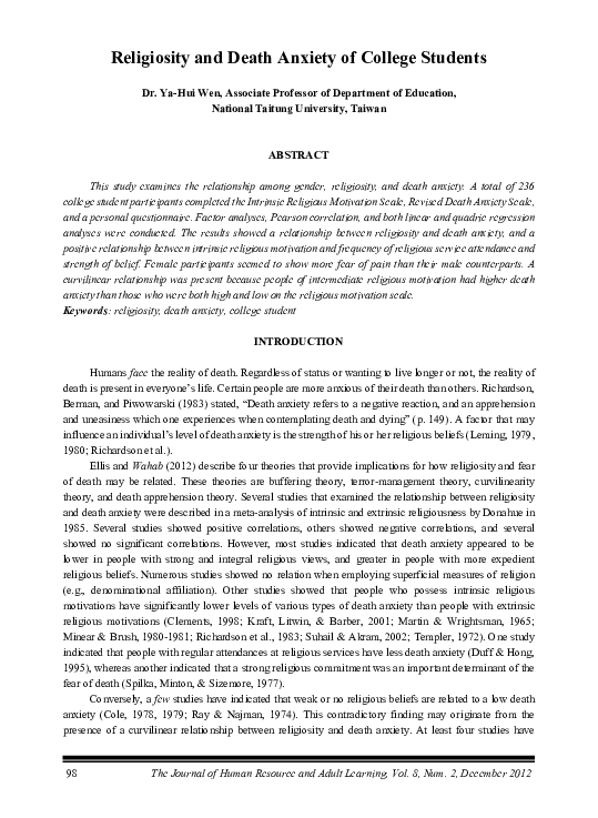(PDF) Religiosity and Death Anxiety of College Students
