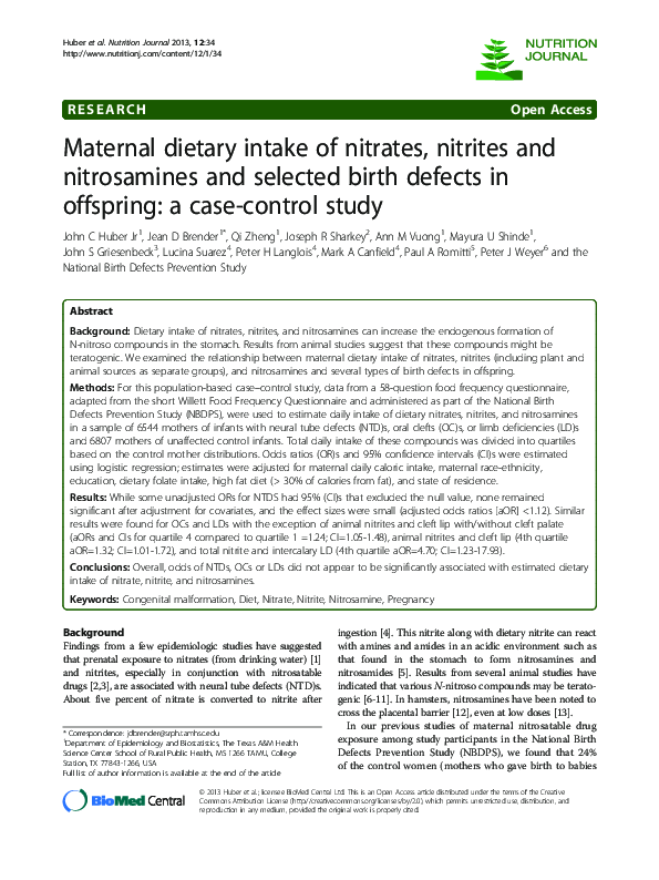 (PDF) Maternal dietary intake of nitrates, nitrites and nitrosamines and selected birth defects
