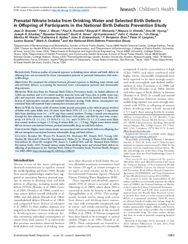 (PDF) Prenatal Nitrate Intake from Drinking Water and Selected Birth Defects in Offspring of
