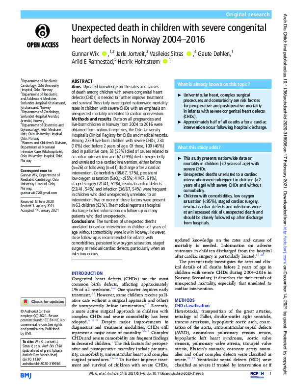 (PDF) Unexpected death in children with severe congenital heart defects ...