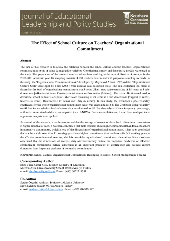(PDF) The Effect of School Culture on Teachers' Organizational Commitment