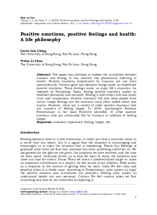 (PDF) Positive emotions, positive feelings and health: A life philosophy