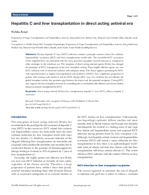 (PDF) Hepatitis C and liver transplantation in direct acting antiviral era