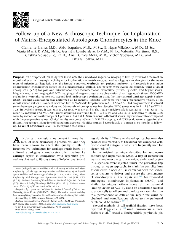 (PDF) Follow-up of a New Arthroscopic Technique for Implantation of ...