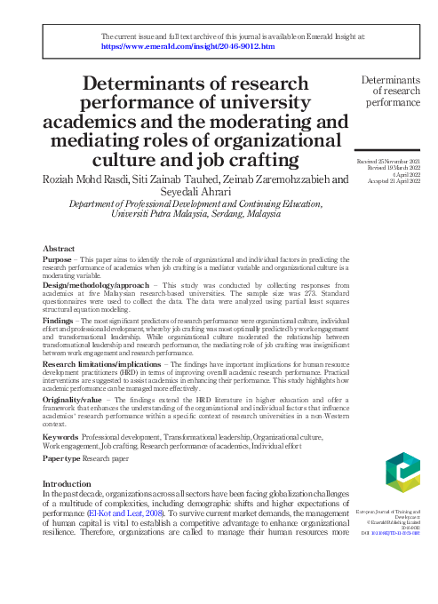 (PDF) Determinants of research performance of university academics and ...