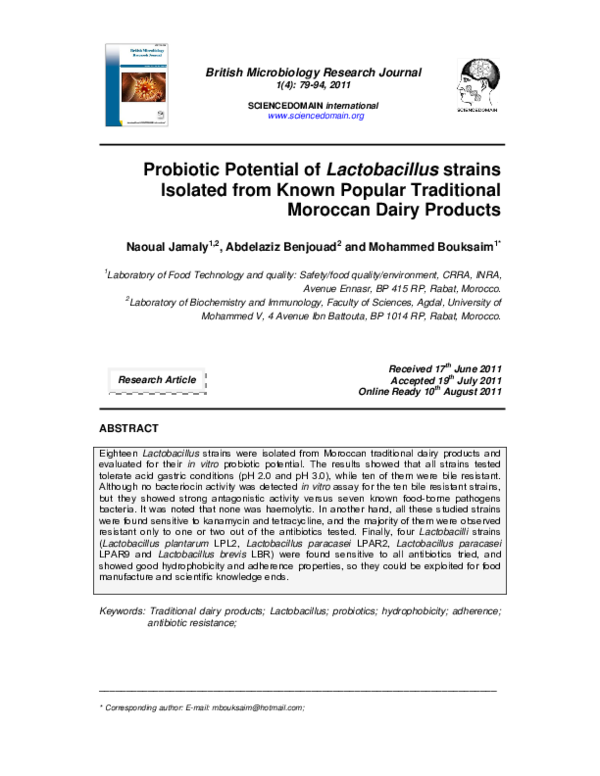 (PDF) Probiotic Potential of Lactobacillus strains Isolated from Known ...