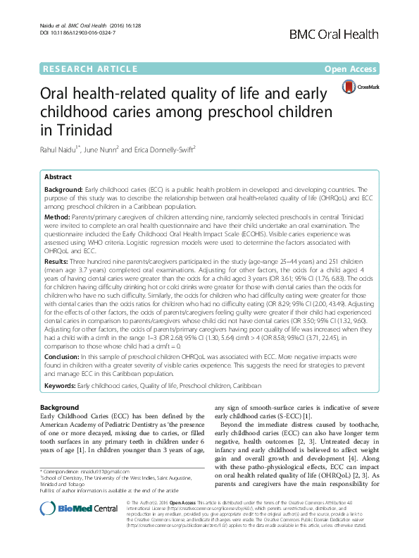 (PDF) Oral health-related quality of life and early childhood caries ...