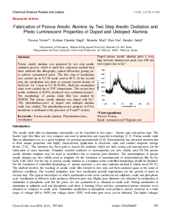 (PDF) Fabrication of Porous Anodic Alumina by Two Step Anodic Oxidation ...