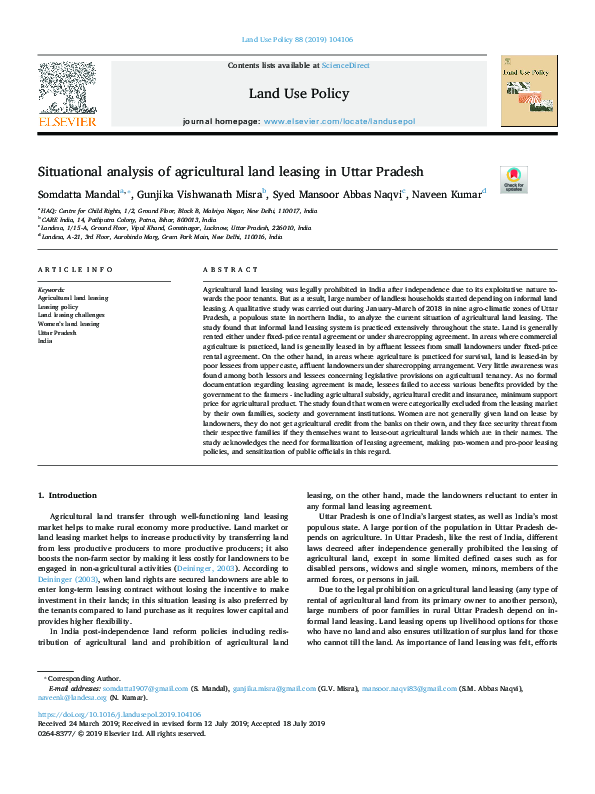 (PDF) Situational analysis of agricultural land leasing in Uttar Pradesh