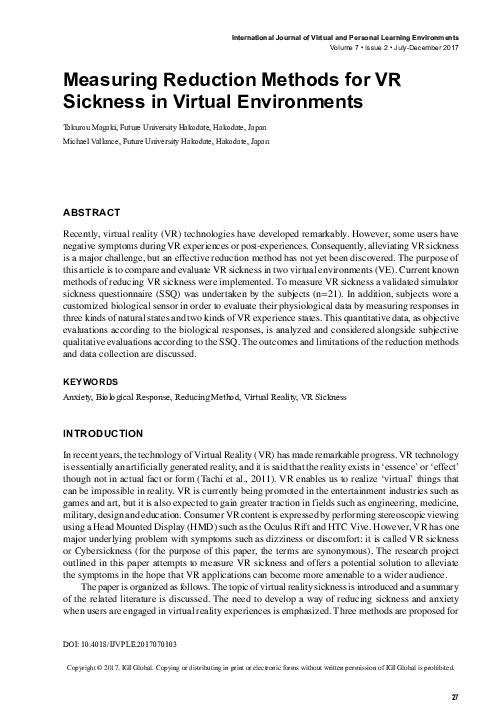 (PDF) Measuring Reduction Methods for VR Sickness in Virtual Environments