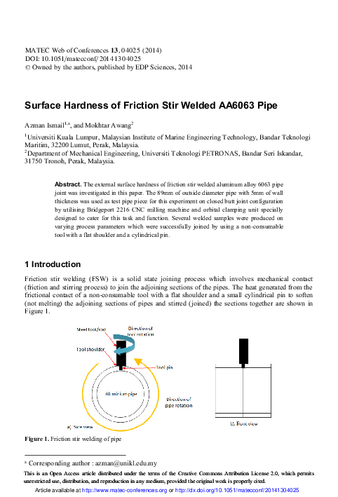 (PDF) Surface Hardness of Friction Stir Welded AA6063 Pipe