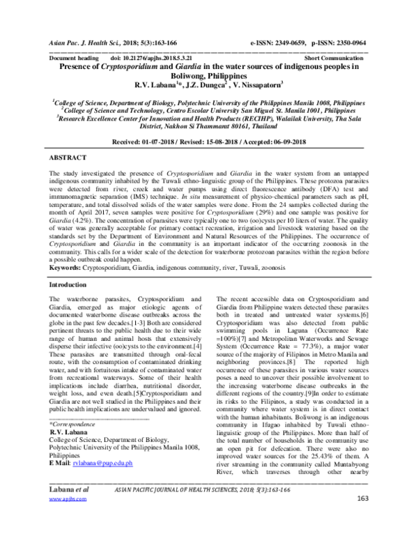(PDF) Presence of Cryptosporidium and Giardia in the water sources of ...