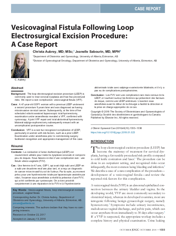 (PDF) Vesicovaginal Fistula Following Loop Electrosurgical Excision