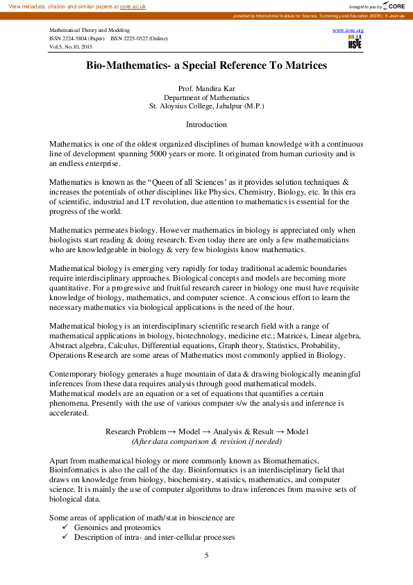 (PDF) Bio-Mathematics- a Special Reference To Matrices