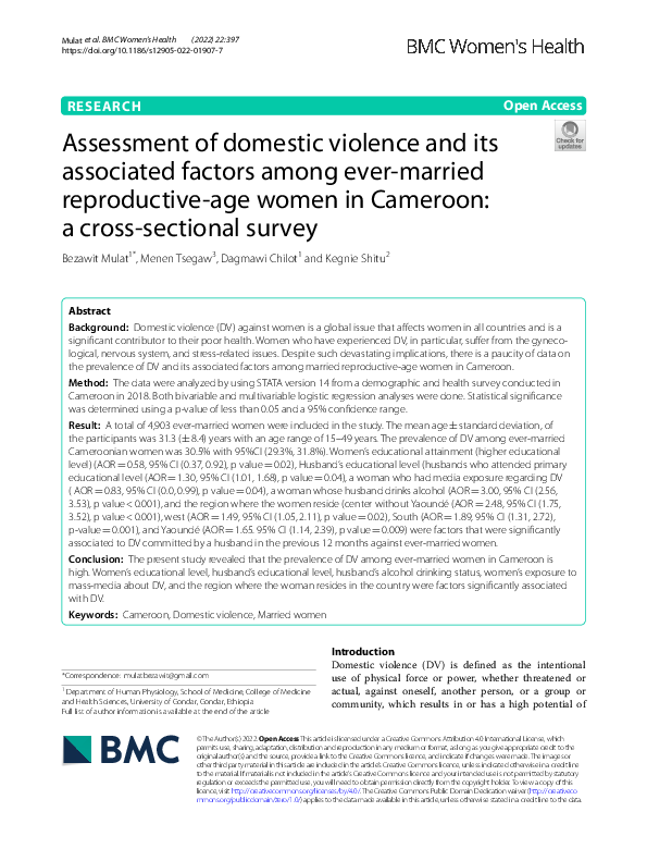 (PDF) Assessment of domestic violence and its associated factors among ...