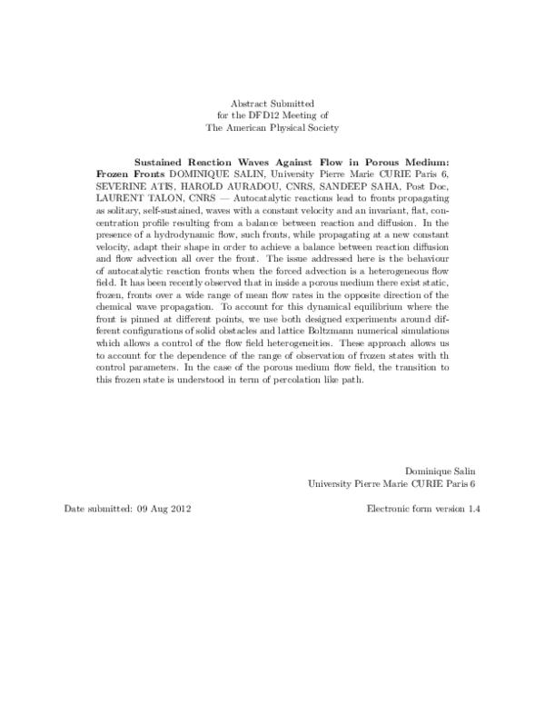 (PDF) Sustained Reaction Waves Against Flow in Porous Medium: Frozen Fronts