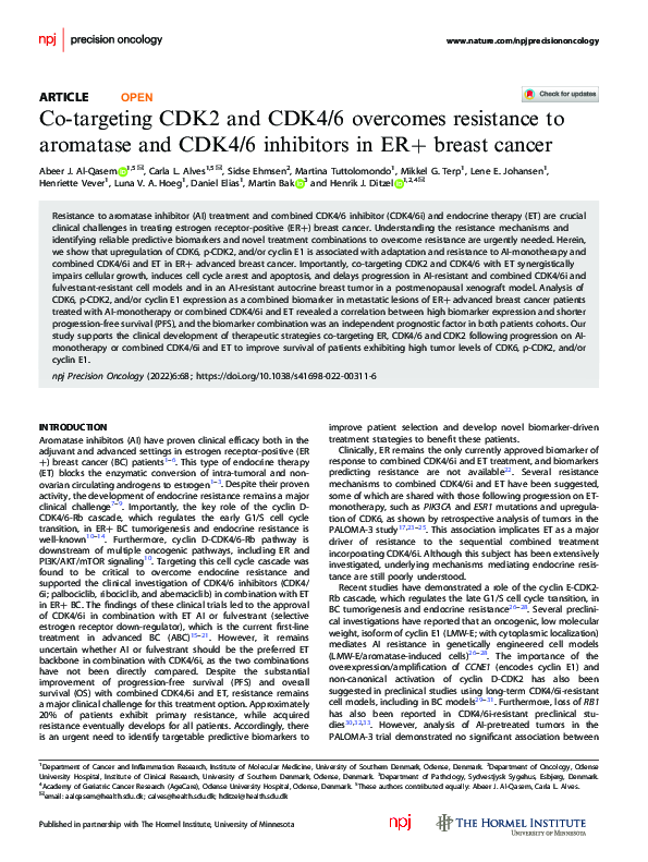 (PDF) Co-targeting CDK2 and CDK4/6 overcomes resistance to aromatase ...