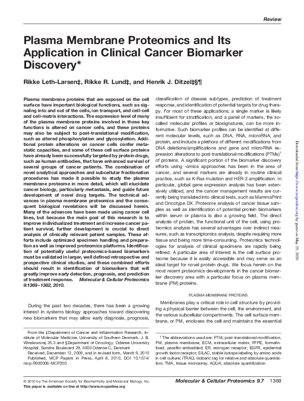 (PDF) Plasma Membrane Proteomics and Its Application in Clinical Cancer ...