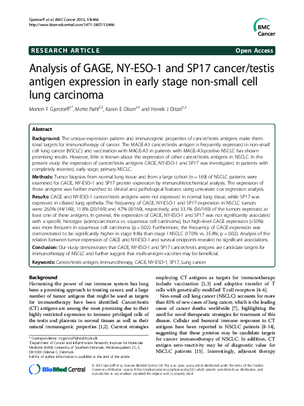 (PDF) Analysis of GAGE, NY-ESO-1 and SP17 cancer/testis antigen ...