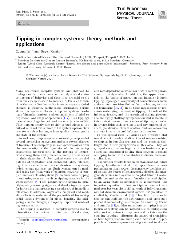 (PDF) Tipping in complex systems: theory, methods and applications
