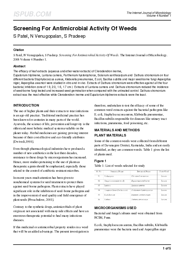 (PDF) Screening For Antimicrobial Activity Of Weeds