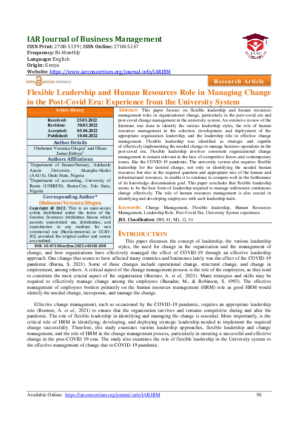 (PDF) Flexible Leadership and Human Resources Role in Managing Change ...