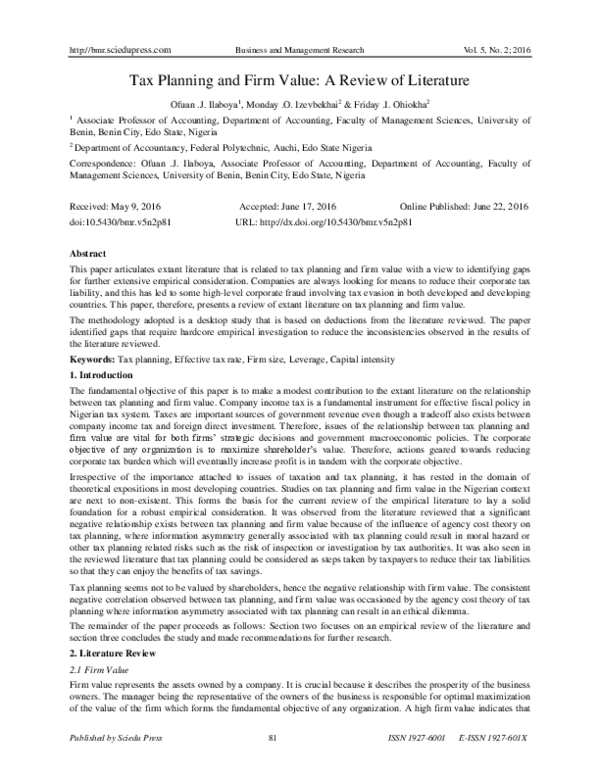 (PDF) Tax Planning and Firm Value: A Review of Literature