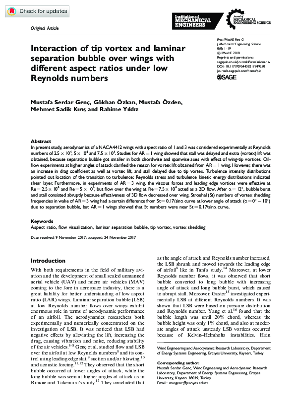 (PDF) Interaction of tip vortex and laminar separation bubble over ...