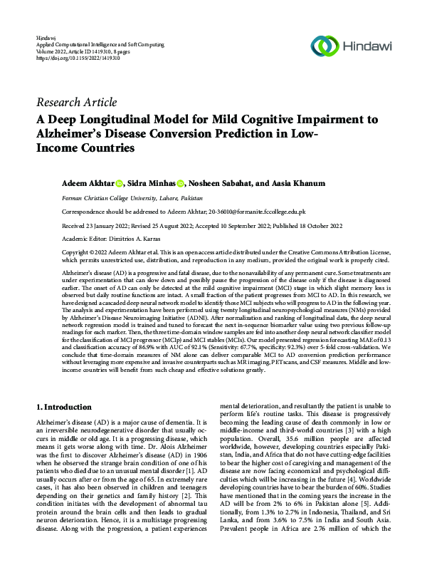 (PDF) A Deep Longitudinal Model for Mild Cognitive Impairment to ...