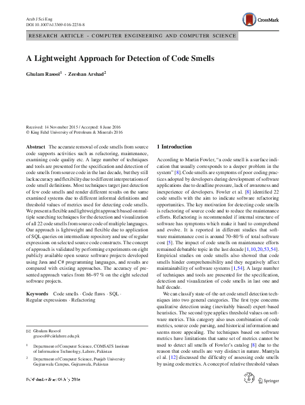 (PDF) A Lightweight Approach for Detection of Code Smells
