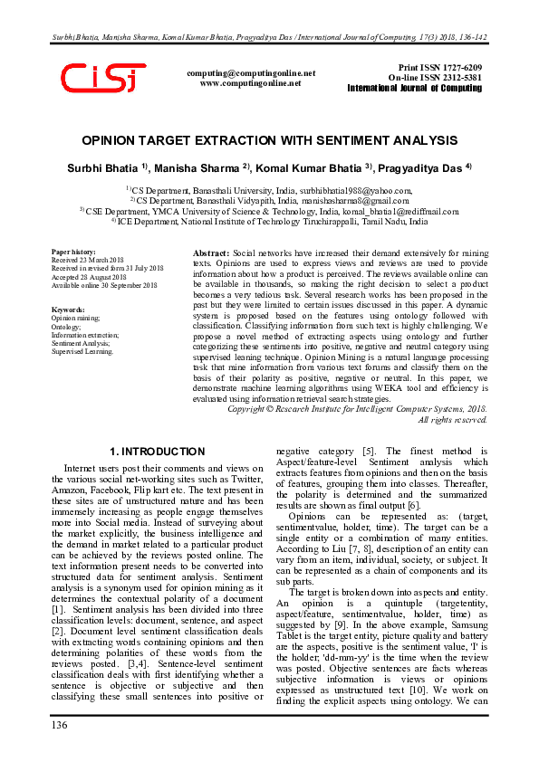 (PDF) Opinion Target Extraction with Sentiment Analysis